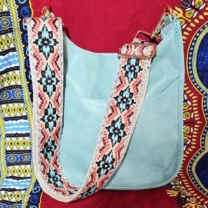 Ah-Dorned Vegan Leather Messenger Crossbody Bag with Patterned Guitar Strap
